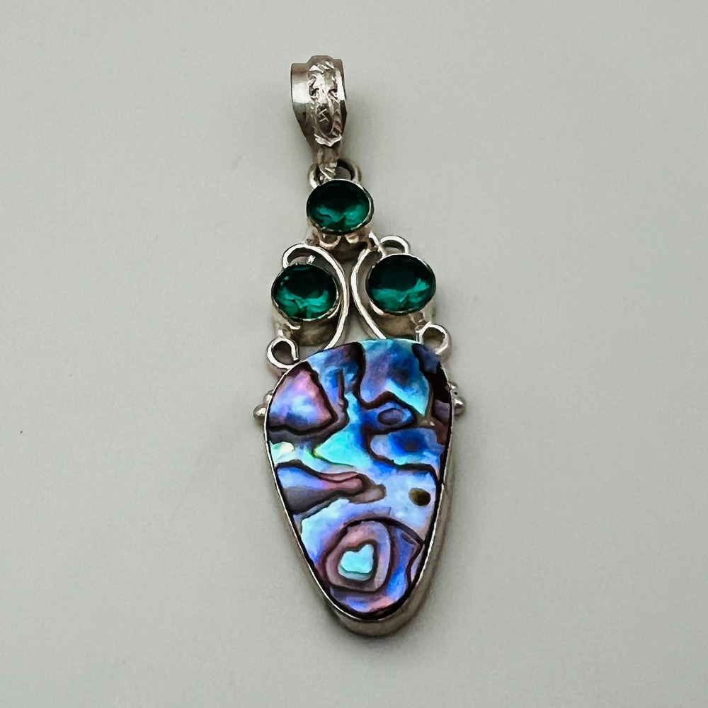 Abalone Shell Pendantβ Green Stone Accent Silver Tone Artisan Style Drop